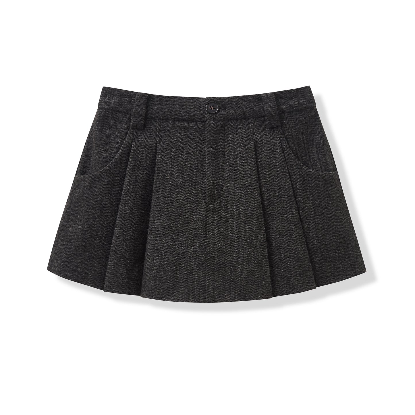 Black Herringbone Wool Blend Short Skirt