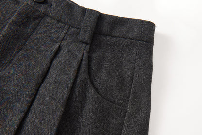 Black Herringbone Wool Blend Short Skirt